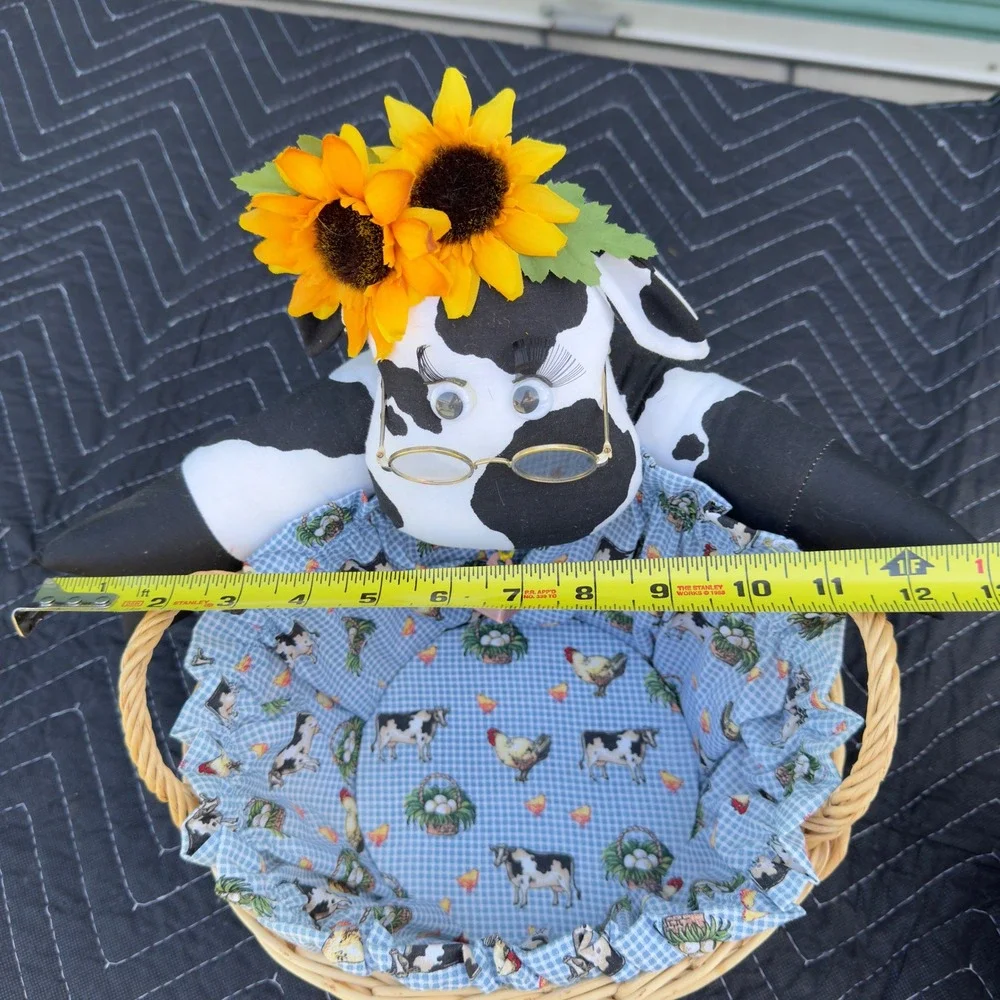 Vintage Farmhouse Cow Wicker Basket Set Country Decor Sunflower Gingham Liner